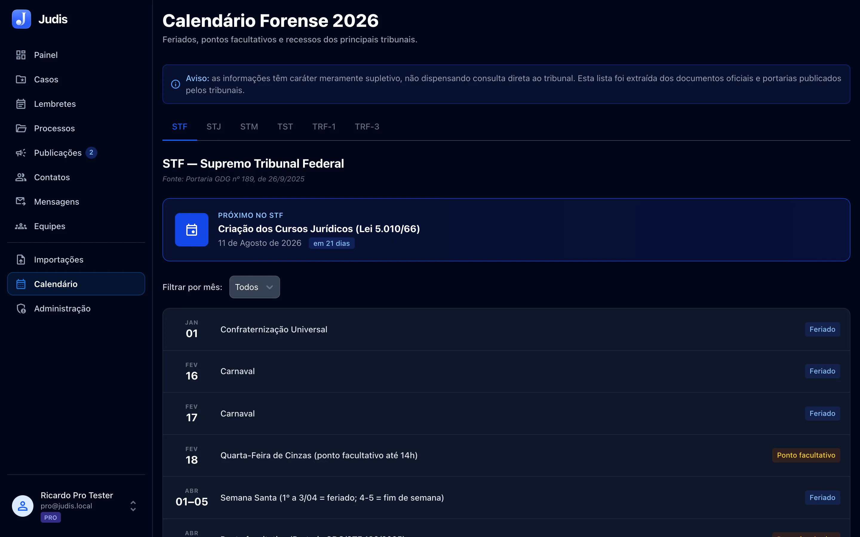 O Calendário Forense: abas por tribunal, o próximo evento em destaque e a lista de feriados e pontos facultativos do ano