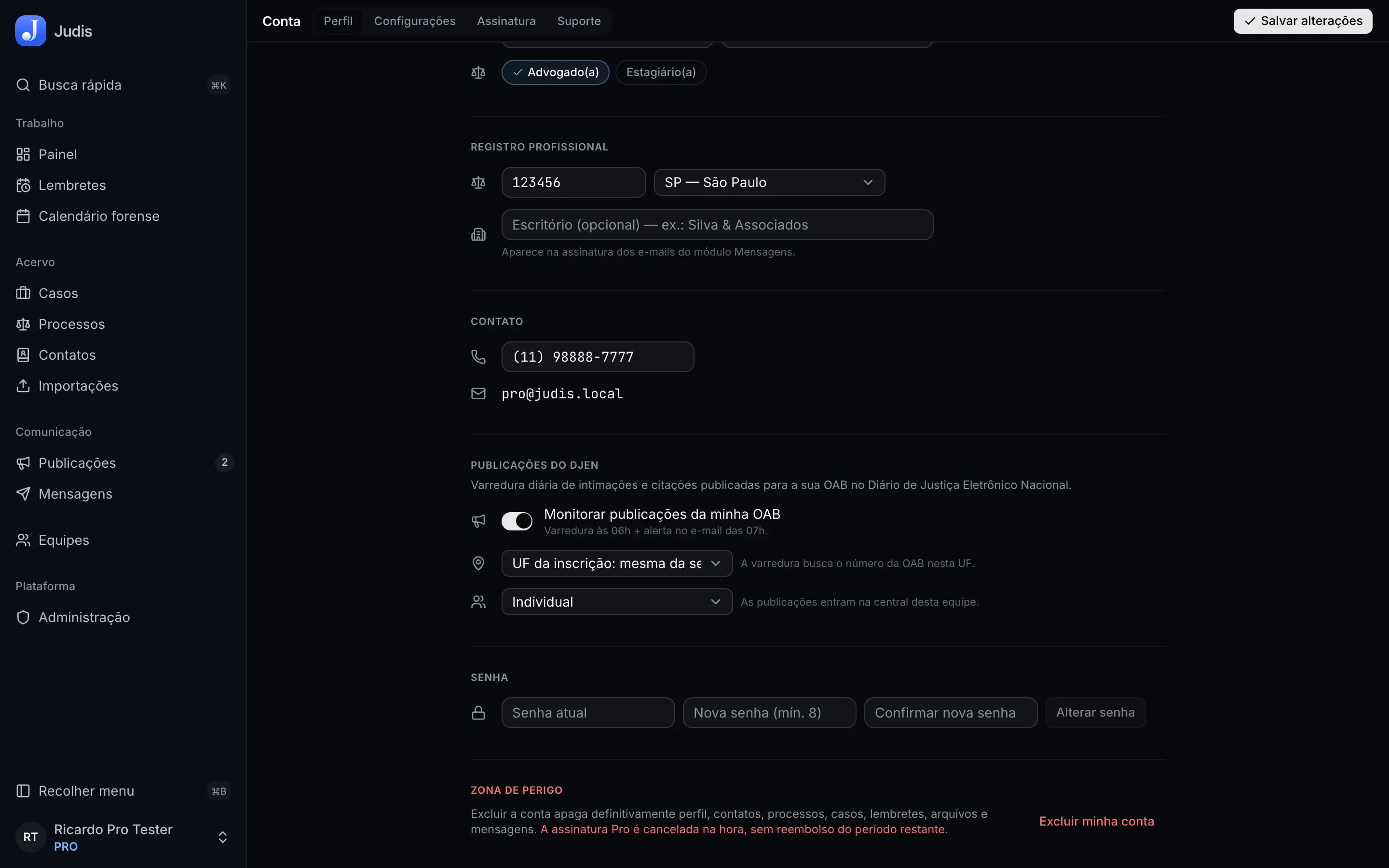 A tela de Perfil: identidade, registro na OAB, contato e a seção Publicações do DJEN